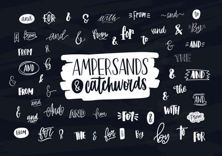 Collection of various handwritten ampersands, conjunctions, prepositions and articles. Bundle of elegant hand lettering design elements, words isolated on dark background.のイラスト素材