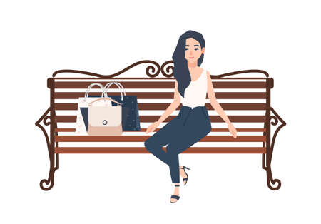 Young cheerful long haired women dressed in elegant clothes sitting on bench beside bags with purchases and relaxing after shopping vector illustrationのイラスト素材