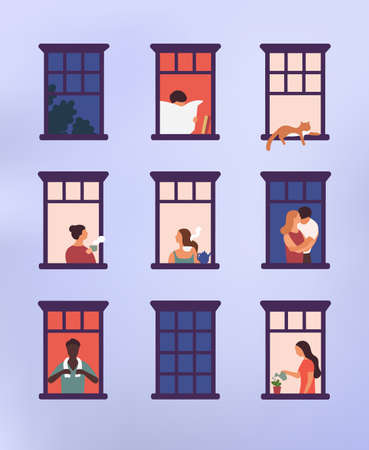 Windows with neighbors doing daily things in their apartments - drinking tea, talking, watering potted plant, hugging or cuddling, reading newspaper. Colorful vector illustration in modern flat style.のイラスト素材