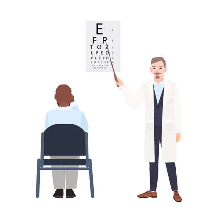 Ophthalmologist with pointer standing beside eye chart and checking eyesight of man sitting in front...