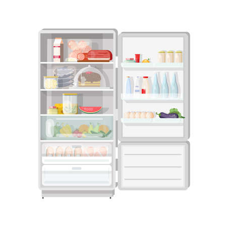 Modern opened refrigerator full of various food - fruits and vegetables, meat and dairy products, desserts, daily meals. Content of fridge with freezer. Colorful vector illustration in flat style.のイラスト素材
