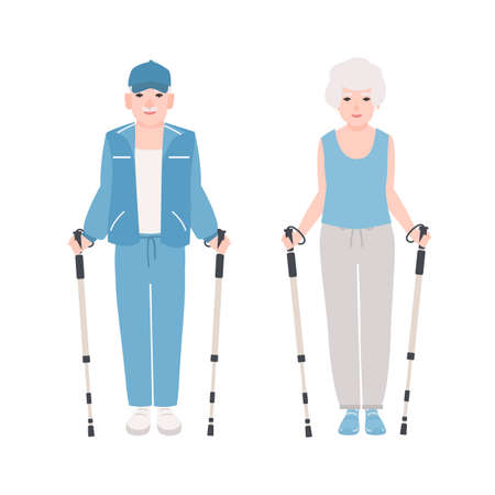Pair of elderly men and women dressed in sports clothes performing nordic walking. Healthy outdoor activity for old people. Flat cartoon characters isolated on white background. Vector illustrationのイラスト素材