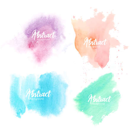 Collection of blots hand painted with watercolor isolated on white background. Bundle of artistic paint smears of various pastel colors. Set of aquarelle backdrops. Colorful vector illustration.のイラスト素材