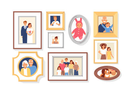 Collection of photos of family members or relatives and events in frames. Bundle of framed wall pictures or photographs with smiling people depicted on them. Colorful cartoon vector illustration.のイラスト素材