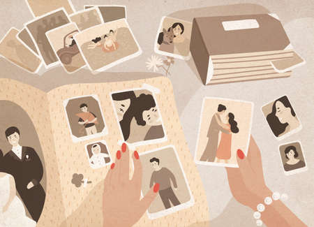 Womans hands holding old photographs, sorting them out and attaching to pages of photographic album or photo book. Keeping in order pictures with family memories. Colored cartoon vector illustration.のイラスト素材