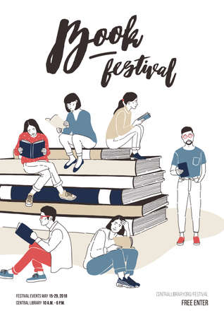 Young men and women dressed in stylish clothing sitting on stack of giant books or beside it and reading. Colorful vector illustration for literary or writers festival advertisement, event promotionのイラスト素材
