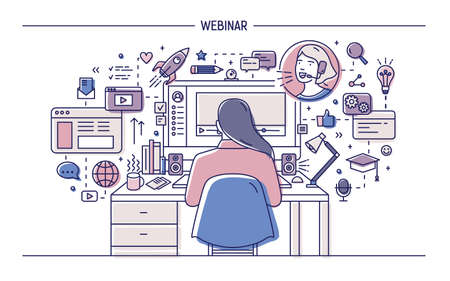 Woman sitting at desk with computer surrounded by web symbols and pictograms and watching or listening to webinar, online lecture or internet lesson. Colored vector illustration in line art styleのイラスト素材