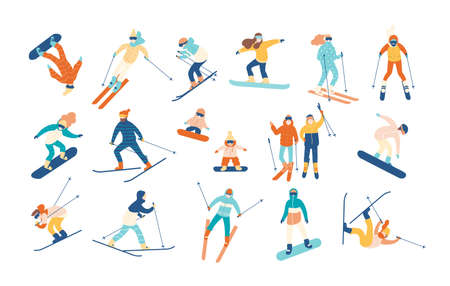 Adult people and children dressed in winter clothing snowboarding and skiing. Male and female cartoon ski and snowboard riders. Winter mountain sports activity. Vector illustration in flat style.のイラスト素材