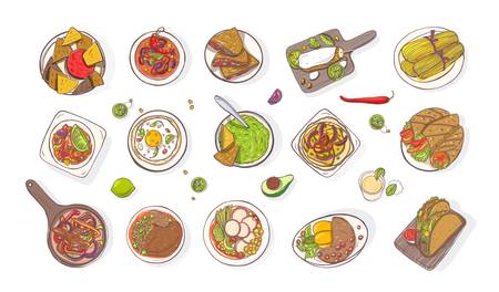 Collection of various traditional Mexican meals - burrito, quesadilla, tacos, nachos, fajita, guacamole. Set of national dishes of Mexico isolated on white background. Colorful vector illustration.のイラスト素材
