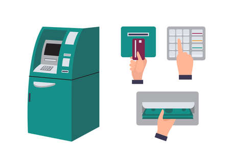 Automated teller machine and hand inserting credit card into ATM slot, entering pin code and taking banknotes or cash. Money withdrawal or financial transaction set. Flat cartoon vector illustrationのイラスト素材