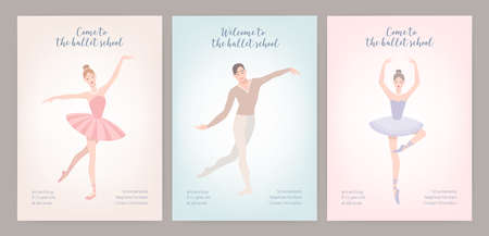 Collection of flyer templates with elegantly dressed male and female ballet dancers in various poses. Flat cartoon vector illustration for classic dance or choreography school promotion, advertising.のイラスト素材
