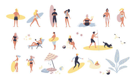 Collection of people performing summer outdoor activities at beach - sunbathing, walking, carrying surfboard, swimming in sea. Cartoon characters isolated on white background. Vector illustrationのイラスト素材