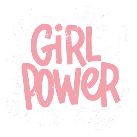 Girl power inscription handwritten with grungy pink letters or font. Modern hand lettering isolated on white background. Feminist slogan, phrase or quote. Vector illustration for t-shirt print.のイラスト素材