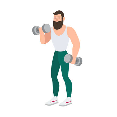 Bearded man in sports clothing doing physical exercise with pair of dumbbells. Male cartoon character performing weight or strength training workout isolated on white background. Vector illustration.のイラスト素材