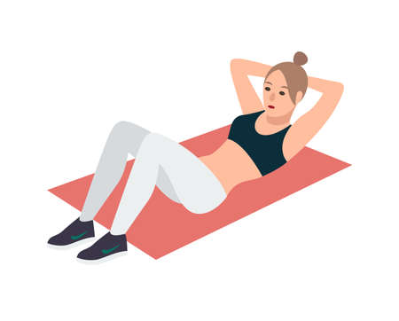 Woman in fitness clothes lying on pink mat and performing abdominal crunch exercise. Female cartoon character doing sit-ups during aerobics workout isolated on white background. Vector illustration.のイラスト素材