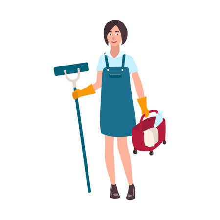 Young smiling woman dressed in uniform holding floor mop and bucket. Female cleaning service worker, home cleaner or housekeeper isolated on white background. Flat cartoon vector illustration.のイラスト素材