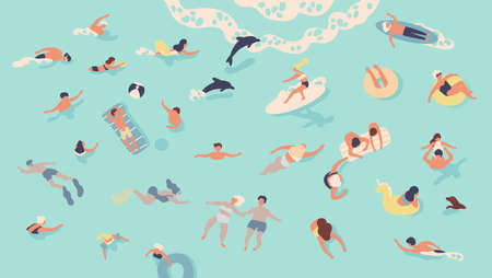 People in sea or ocean performing various activities. Men and women swimming, diving, surfing, lying...