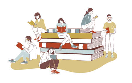 Young stylish male and female readers dressed in trendy apparel sitting on stack of giant books or beside it and reading. Literature fans or lovers. Colored vector illustration in contemporary style.のイラスト素材