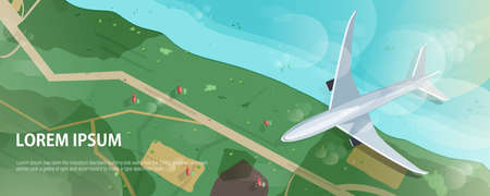 Horizontal banner with airplane flying above seashore or ocean coast, road and houses, aerial view. Flight of passenger airliner and place for text. Modern colorful vector illustration in flat style.のイラスト素材