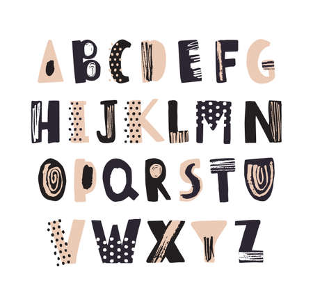 Funky Latin font or decorative English alphabet hand drawn on white background.のイラスト素材