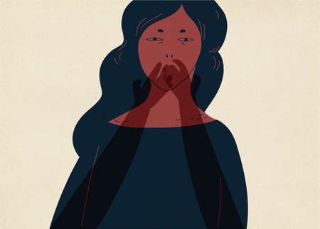 Pair of translucent ghostly hands covering mouth of young woman. Colorful vector illustrationのイラスト素材