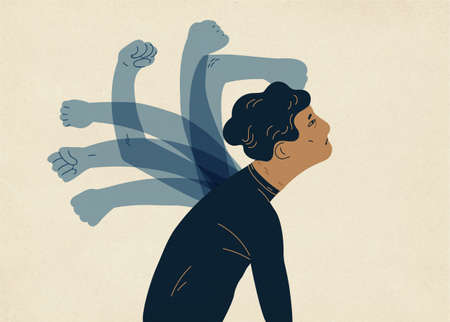 Translucent ghostly hands beating man. Colorful vector illustration in modern flat style