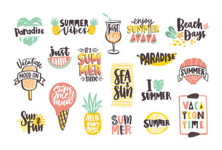 Collection of bright colored summer lettering handwritten with calligraphic fonts and decorated with tropical fruits, exotic leaves, ice cream, sun and shells. Creative hand drawn vector illustration.のイラスト素材