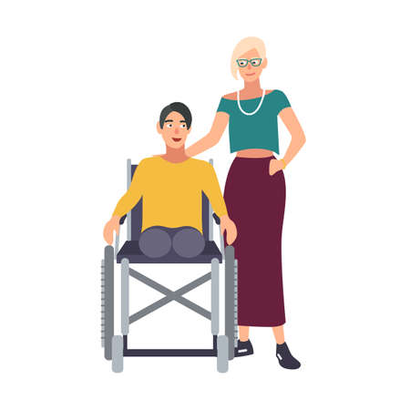 Man without legs sitting in wheelchair and his girlfriend or wife standing beside. Happy male cartoon character with physical impairment and his female friend. Cute colorful vector illustration.のイラスト素材