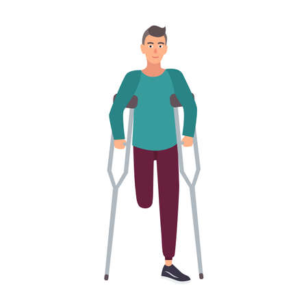 Smiling one-legged man or boy with amputated leg standing or walking with crutches. Happy male cartoon character with physical disability or impairment. Cute flat colorful vector illustration.のイラスト素材