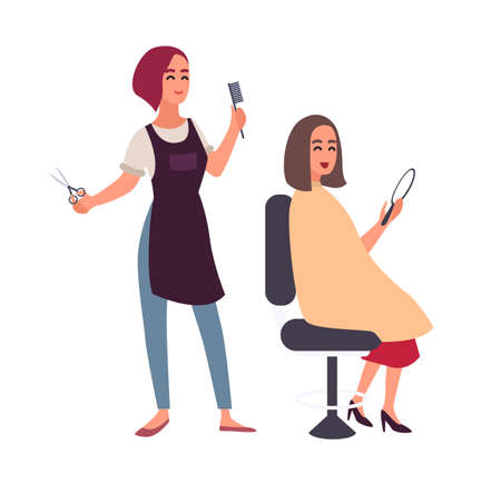 Female hairdresser cutting hair of her happy client sitting in chair and looking in mirror. Smiling women in hairdressing salon isolated on white background. Flat cartoon colorful vector illustrationのイラスト素材