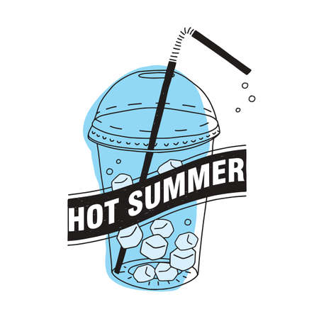 Hot Summer inscription written on black ribbon against transparent plastic cup with cover, straw, fresh drink or cold beverage and ice cubes inside. Isolated on white background. Vector illustration.のイラスト素材