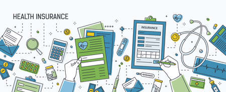 Horizontal banner with hands filling out form of health insurance surrounded by dollar banknotes and coins, pills and other medications, medical tools. Colored vector illustration in line art style.のイラスト素材