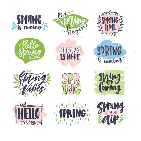 Collection of spring or springtime lettering handwritten with artistic calligraphic fonts and...