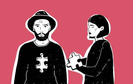 Young sad woman holding jigsaw puzzle piece and man in hat with notch of different shape in his...