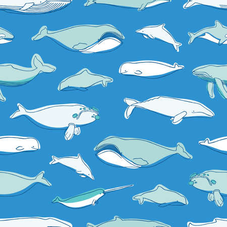 Gorgeous seamless pattern with various aquatic marine mammals hand drawn on blue background. Whales, narwhal, dolphin, cachalot vector illustration for textile print, wrapping paper, backdrop.のイラスト素材