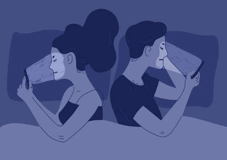 Pair of man and woman lying turned away one another in bed and surfing internet on their smartphones.のイラスト素材