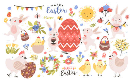 Collection of cute Easter cartoon characters and spring decorative elementsのイラスト素材
