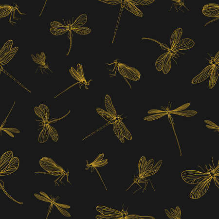 Seamless pattern with dragonflies hand drawn with yellow contour line on black background. Backdrop with gorgeous flying insects. Vector illustration in vintage style for fabric print, wallpaperのイラスト素材