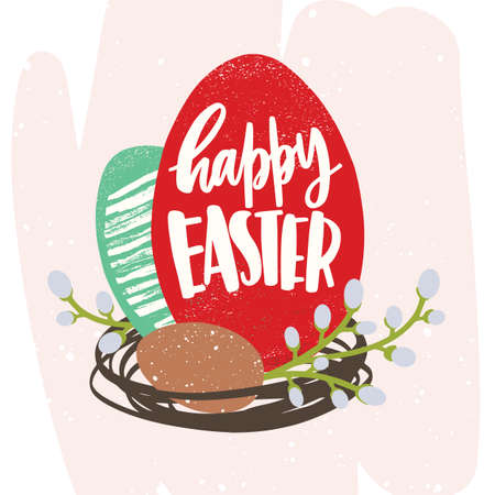 Happy Easter inscription handwritten with artistic cursive font on eggのイラスト素材