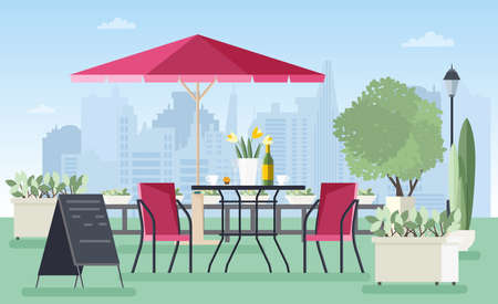 Summer outdoor cafe. Colorful vector illustration in flat style.のイラスト素材