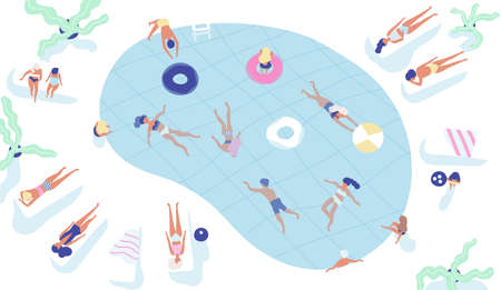 Group of people dressed in swimwear swimming in pool or lying down and sunbathing.のイラスト素材
