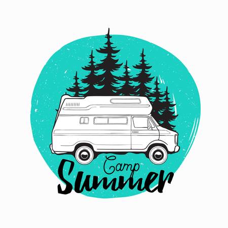 Camper trailer, campervan or recreational vehicle driving on road against spruce trees on background and camp summer inscription written with cursive font. Vector illustration for logo, advertisingのイラスト素材