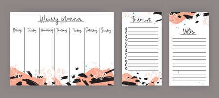Weekly planner with week days, sheet for notes and to do list templates decorated with abstract colorful paint stains and scribble. Personal appointment planning. Modern vector illustration.のイラスト素材