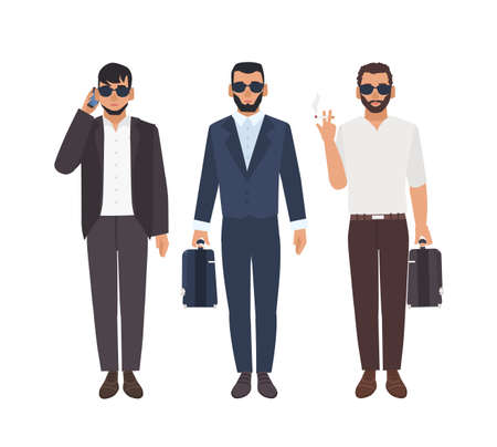 Set of bearded caucasian men dressed in business clothing carrying briefcases, talking on phone, smoking. Cool guys or mafia members. Male characters isolated on white background. Vector illustration.のイラスト素材
