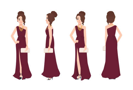 Young smiling woman with elegant hairstyle wearing long one-shoulder evening dress with split front and holding clutch bag isolated on white background. Front, side, back views. Vector illustration.のイラスト素材