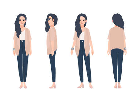Young smiling woman with loose long brunette hair dressed in casual clothing isolated on white background. Cute girl wearing jeans and cardigan. Front, side, back views. Cartoon vector illustration.のイラスト素材
