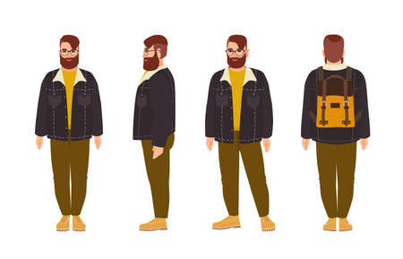 Stout bearded hipster man dressed in stylish clothing. Fat male cartoon character with trendy hairstyle and beard isolated on white background. Front, side, back views. Colorful vector illustration.のイラスト素材