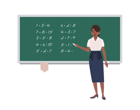 Female math teacher writing mathematical expressions on green chalkboard.のイラスト素材