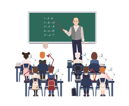 Male math teacher explaining addition to elementary school kids or pupils. Friendly man teaching mathematics or arithmetic to children sitting in classroom.のイラスト素材