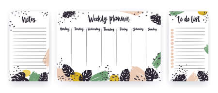 Creative weekly planner with week days, sheet for notes and to do list templates decorated with paint strokes and tropical monstera leaves. Modern scheduler with exotic foliage. Vector illustration.のイラスト素材